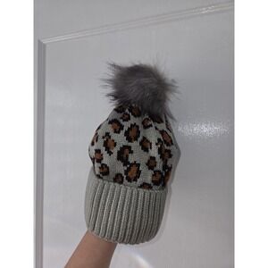Leopard Print Knit Beanie with Pom-Pom Gray Animal Pattern for Women